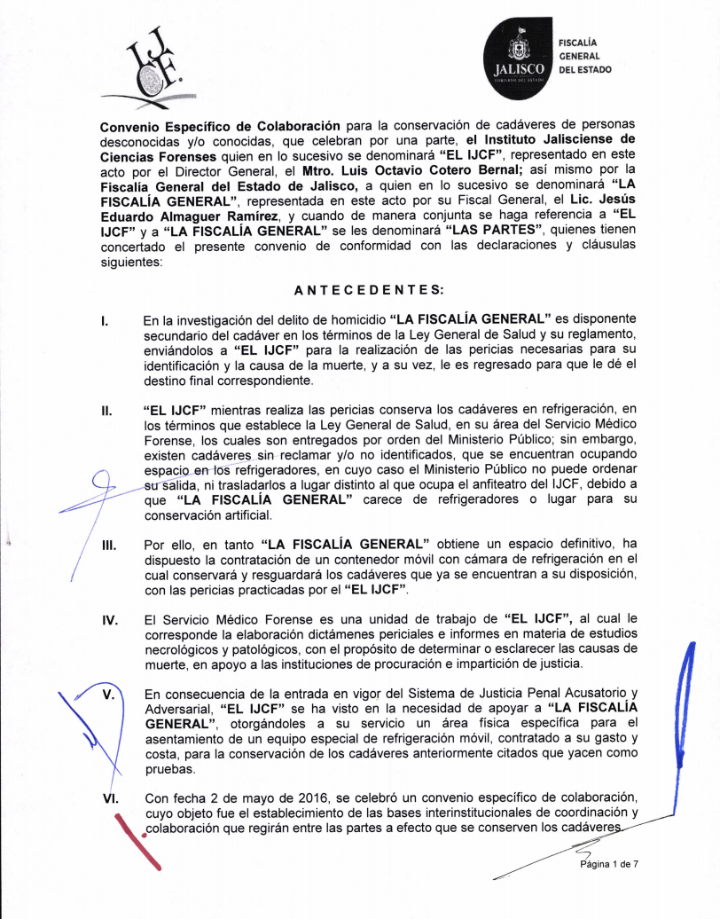 Convenio firmado por la fiscalía de Jalisco y el Instituto Jalisciense de Ciencias Forenses para el resguardo de cuerpos sin identificar en los contenedores. Crédito: gobierno de Jalisco.