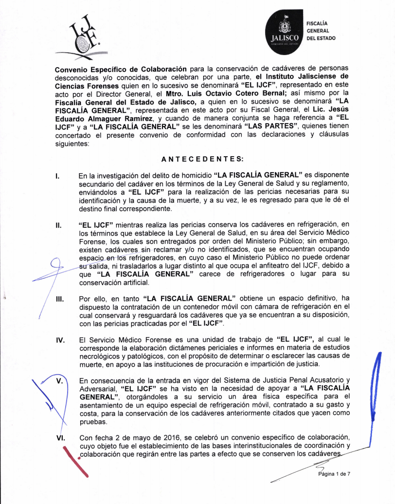 Convenio firmado por la fiscalía de Jalisco y el Instituto Jalisciense de Ciencias Forenses para el resguardo de cuerpos sin identificar en los contenedores. Crédito: gobierno de Jalisco. 